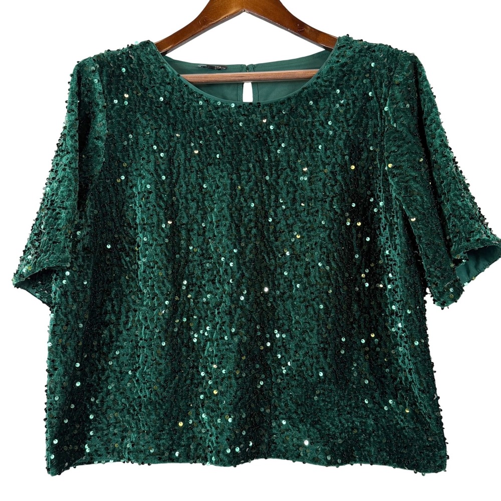 Talbots Petite Sequin Top Women XLP Emerald Green Fully Lined Keyhole Back Party